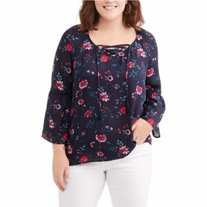 Faded Glory‎ Floral Peasant Blouse Size 3X(22W-24W) Lace-Up Front Flared Sleeves